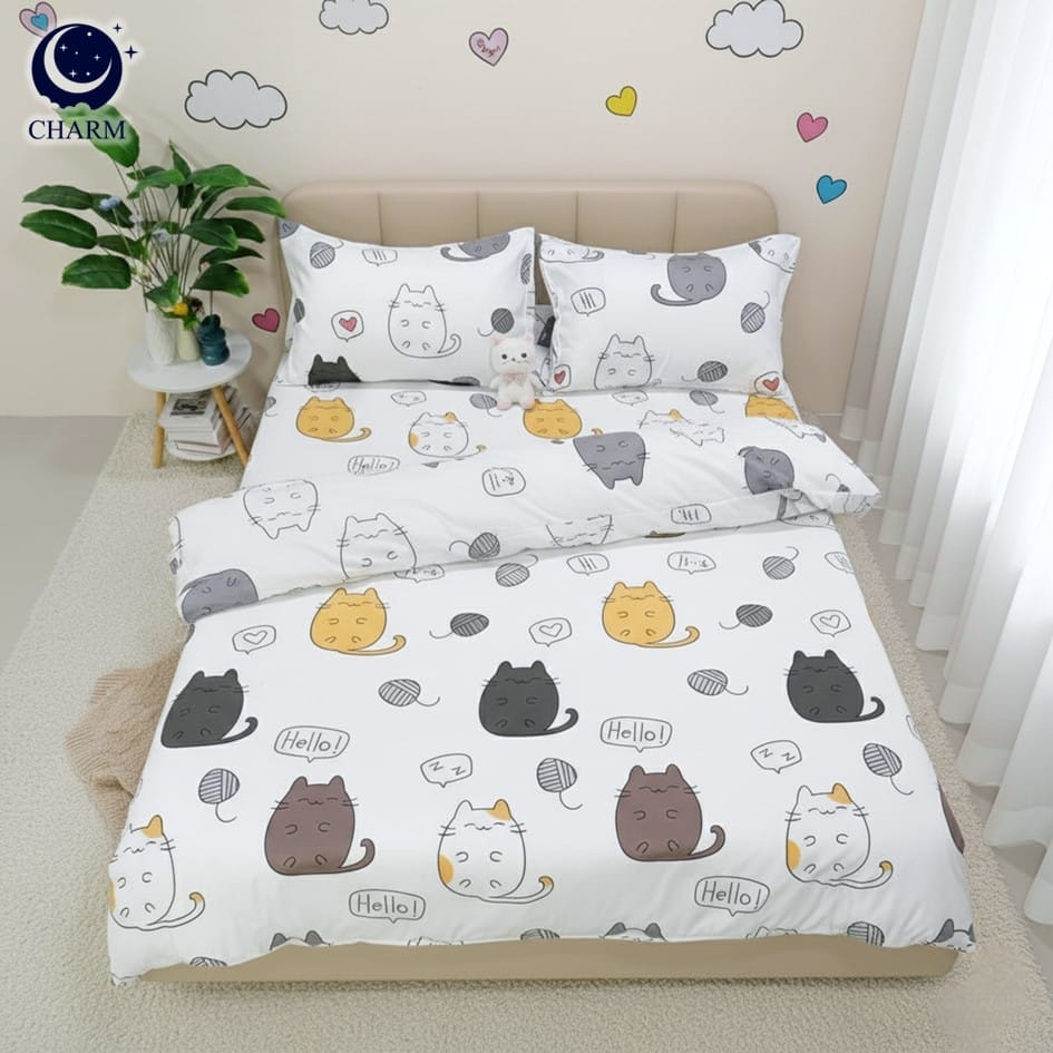CHARM ชุดผ้าปูที่นอน + ผ้านวม 3.5 ฟุต 4 ชิ้น ลาย CHUBBY CAT คอลเลคชั่น DREAMY